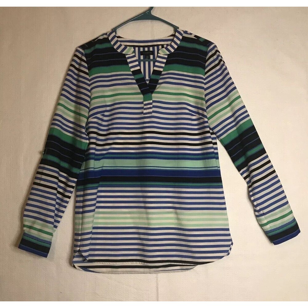 Talbots XS Blue Green Striped Rolled Sleeve Women’s top Blouse